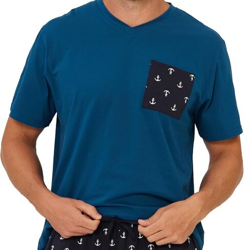 Keyocean Mens Pajama Set, Soft Cotton V-Neck Short-Sleeve T-Shirt & Pants Summer PJ Set for Sleeping in Saudi Arabia