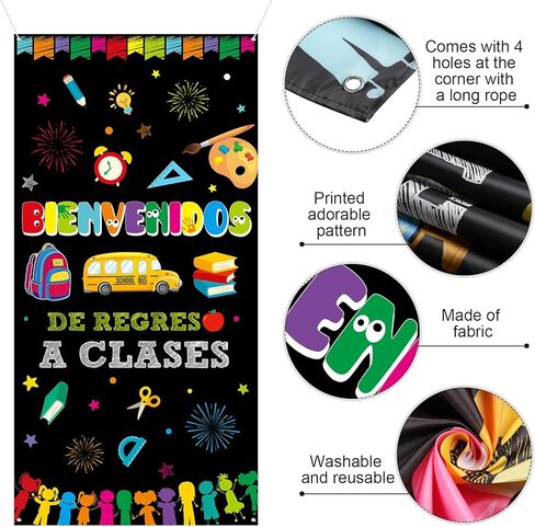 Bienvenidos Spanish Welcome Back to School ديكورات غطاء الباب، العودة إلى المدرسة ديكور باب الفصل الدراسي، العودة إلى المدرسة راية ديكور باب الفصل الدراسي للمعلمين اللوازم المدرسية 70.8 بوصة × 35.4 بوصة in Kuwait
