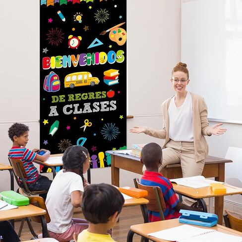 Bienvenidos Spanish Welcome Back to School ديكورات غطاء الباب، العودة إلى المدرسة ديكور باب الفصل الدراسي، العودة إلى المدرسة راية ديكور باب الفصل الدراسي للمعلمين اللوازم المدرسية 70.8 بوصة × 35.4 بوصة in Kuwait