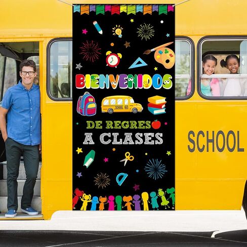 Bienvenidos Spanish Welcome Back to School ديكورات غطاء الباب، العودة إلى المدرسة ديكور باب الفصل الدراسي، العودة إلى المدرسة راية ديكور باب الفصل الدراسي للمعلمين اللوازم المدرسية 70.8 بوصة × 35.4 بوصة in Kuwait