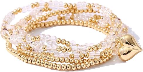 Colorful Crystal Gold Beaded Stackable Bracelets For Women Dainty Stretch 14K Real Gold Plated Beaded Heart Charm Bracelets Summer Beach Boho Bracelets for Women in Kuwait