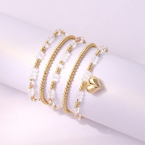 Colorful Crystal Gold Beaded Stackable Bracelets For Women Dainty Stretch 14K Real Gold Plated Beaded Heart Charm Bracelets Summer Beach Boho Bracelets for Women in Kuwait