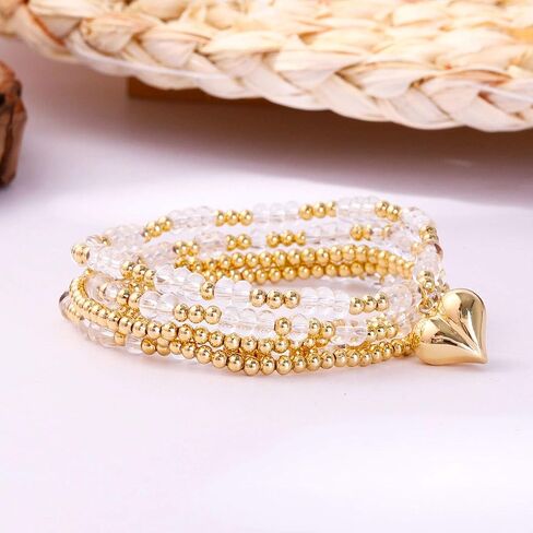 Colorful Crystal Gold Beaded Stackable Bracelets For Women Dainty Stretch 14K Real Gold Plated Beaded Heart Charm Bracelets Summer Beach Boho Bracelets for Women in Kuwait