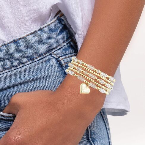 Colorful Crystal Gold Beaded Stackable Bracelets For Women Dainty Stretch 14K Real Gold Plated Beaded Heart Charm Bracelets Summer Beach Boho Bracelets for Women in Kuwait