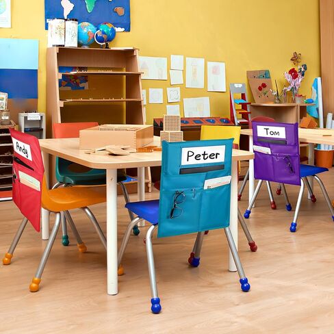 جيوب للكراسي للفصول الدراسية، جيوب مقاعد بمقاس 40.64 سم × 48.26 سم لكراسي الفصول الدراسية من مرحلة الروضة إلى الصف الثاني، منظم أكياس كراسي مكونة من 12 قطعة مع علامة اسم للتخزين الخلفي لكرسي الفصل الدراسي في المدرسة، متعدد الألوان in Kuwait