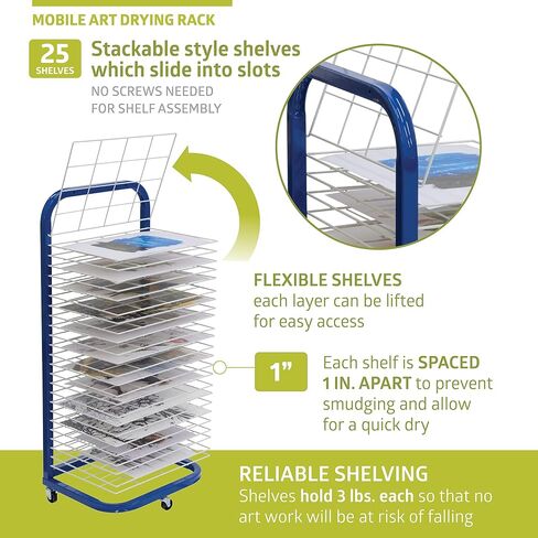 Pearington 25-Shelf Mobile/Wall Mountable Art Drying Rack for Art Studios & Classrooms, 13" D x 17.5" W x 39.4" H, Black/White in Saudi Arabia