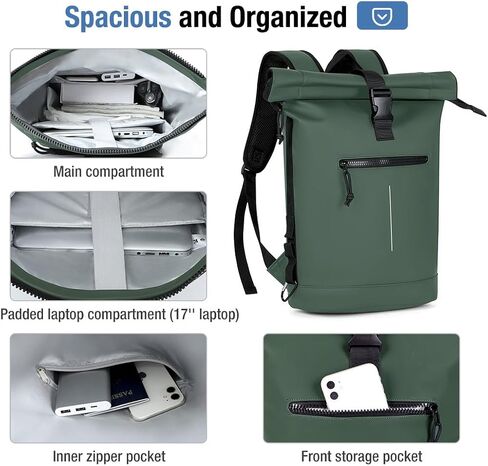Rolltop Backpack Waterproof - 17 Inch Laptop Backpack with Compartments for Men & Women, Roll Up Travel Bag for Business,Work,Camping (Black) in Saudi Arabia
