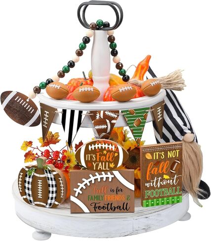 15 قطعة من صينية تزيين كرة القدم المتدرجة لتزيين كرة القدم في الخريف، علامات خشبية ريفية لديكور المنزل، إكليل كرة القدم جنوم الخرزة لعيد الشكر، رف طاولة المنزل، عطلة المطبخ in Kuwait