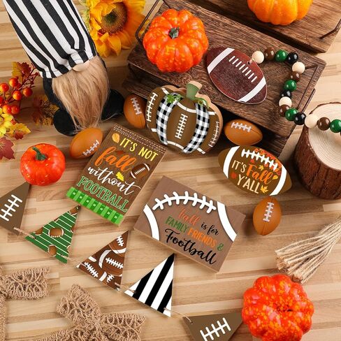 15 قطعة من صينية تزيين كرة القدم المتدرجة لتزيين كرة القدم في الخريف، علامات خشبية ريفية لديكور المنزل، إكليل كرة القدم جنوم الخرزة لعيد الشكر، رف طاولة المنزل، عطلة المطبخ in Kuwait