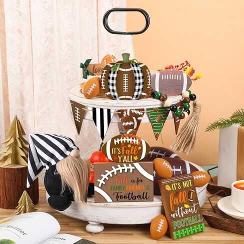 15 قطعة من صينية تزيين كرة القدم المتدرجة لتزيين كرة القدم في الخريف، علامات خشبية ريفية لديكور المنزل، إكليل كرة القدم جنوم الخرزة لعيد الشكر، رف طاولة المنزل، عطلة المطبخ in Kuwait