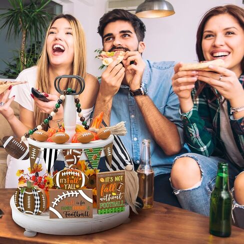 15 قطعة من صينية تزيين كرة القدم المتدرجة لتزيين كرة القدم في الخريف، علامات خشبية ريفية لديكور المنزل، إكليل كرة القدم جنوم الخرزة لعيد الشكر، رف طاولة المنزل، عطلة المطبخ in Kuwait