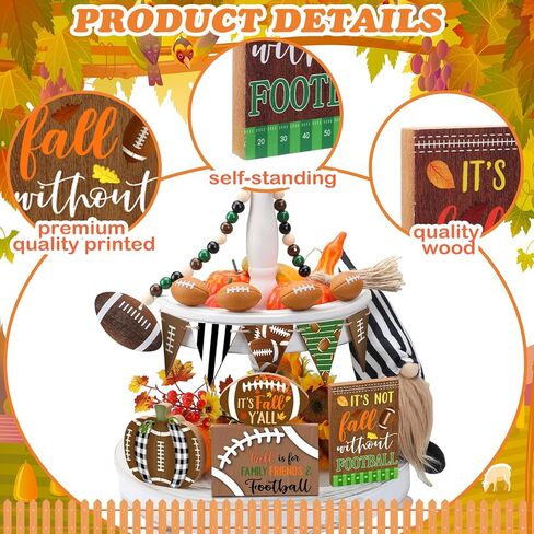 15 قطعة من صينية تزيين كرة القدم المتدرجة لتزيين كرة القدم في الخريف، علامات خشبية ريفية لديكور المنزل، إكليل كرة القدم جنوم الخرزة لعيد الشكر، رف طاولة المنزل، عطلة المطبخ in Kuwait