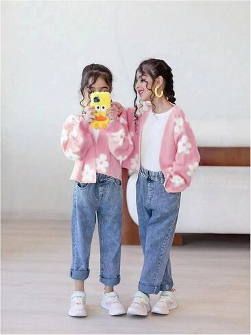 Floerns Girl's Floral Print Long Sleeve Open Front Knit Wear Cardigan Sweater in Saudi Arabia