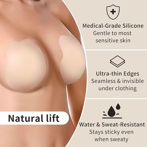Nipple Covers Lift Sticky Adhesive Bra Silicone Breast Lift Pasties for Strapless Dress Breast Covers Reusable (Large(Fits D+ Cups)) Beige in Kuwait