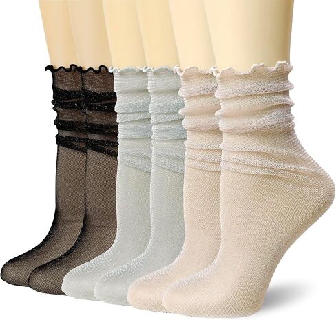 3Pack Women's Sheer Glitter Socks Frilly Metallic Sparkle Shiny Slouch Socks Soft Tulle Fashion Party Girls Socks in Saudi Arabia