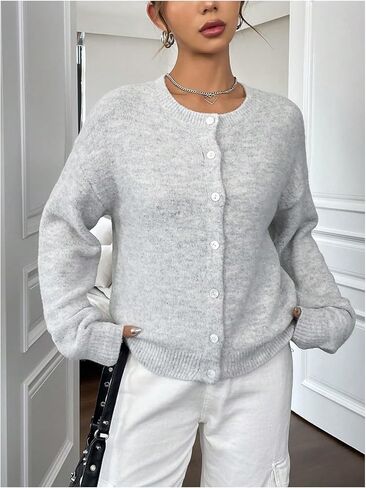 GORGLITTER Women's Button Down Drop Shoulder Pastel Knit Cardigan Open Front Cute Long Sleeve Sweater in Saudi Arabia