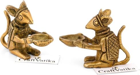 2.4" Mouse Oil Lamp Brass Diya Holding Ganesha's Mouse Sitting Animal Decorative Items for Home & Office Decor in Kuwait
