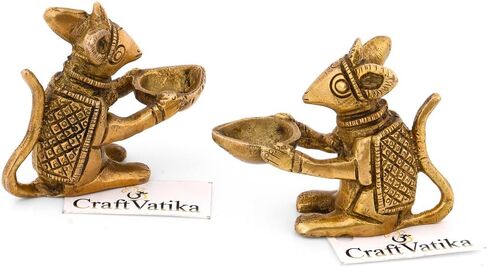 2.4" Mouse Oil Lamp Brass Diya Holding Ganesha's Mouse Sitting Animal Decorative Items for Home & Office Decor in Kuwait