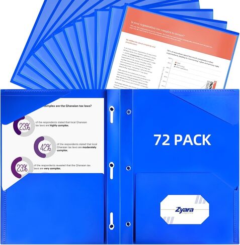 72 pcs Blue Plastic Folders with Clear Front Pocket 2 Pocket Folders with 3 Prongs Pocket Folders with Brads and Card Slot Fit Letter Size Paper for Office School Home Bussiness in Kuwait