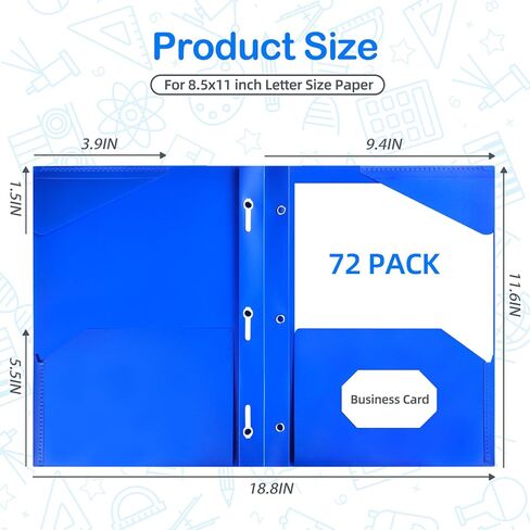 72 pcs Blue Plastic Folders with Clear Front Pocket 2 Pocket Folders with 3 Prongs Pocket Folders with Brads and Card Slot Fit Letter Size Paper for Office School Home Bussiness in Kuwait