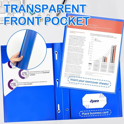 72 pcs Blue Plastic Folders with Clear Front Pocket 2 Pocket Folders with 3 Prongs Pocket Folders with Brads and Card Slot Fit Letter Size Paper for Office School Home Bussiness in Kuwait