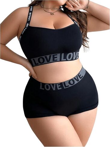 SOLY HUX Women's Plus Size 2 Piece Lingerie Letter Seamless Wireless Bralette and Boyshorts Set in Saudi Arabia