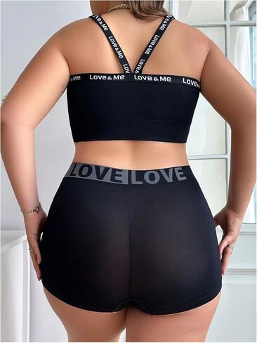 SOLY HUX Women's Plus Size 2 Piece Lingerie Letter Seamless Wireless Bralette and Boyshorts Set in Saudi Arabia