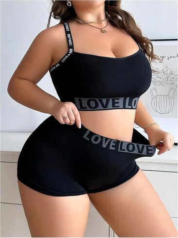 SOLY HUX Women's Plus Size 2 Piece Lingerie Letter Seamless Wireless Bralette and Boyshorts Set in Saudi Arabia