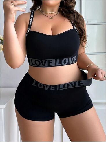 SOLY HUX Women's Plus Size 2 Piece Lingerie Letter Seamless Wireless Bralette and Boyshorts Set in Saudi Arabia