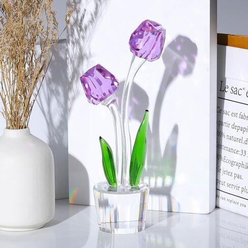 Crystal Purple Tulips Flower Figurines, Glass Bouquet Collectible Gifts for Her Wife Valentine's Day Wedding Anniversary, Table Centerpieces for Home Decor Keepsake in Saudi Arabia