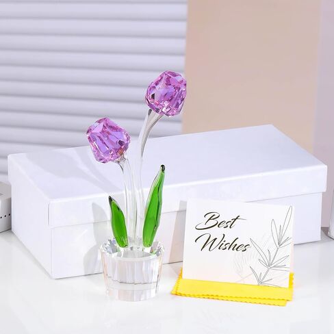 Crystal Purple Tulips Flower Figurines, Glass Bouquet Collectible Gifts for Her Wife Valentine's Day Wedding Anniversary, Table Centerpieces for Home Decor Keepsake in Saudi Arabia