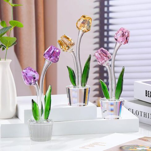 Crystal Purple Tulips Flower Figurines, Glass Bouquet Collectible Gifts for Her Wife Valentine's Day Wedding Anniversary, Table Centerpieces for Home Decor Keepsake in Saudi Arabia