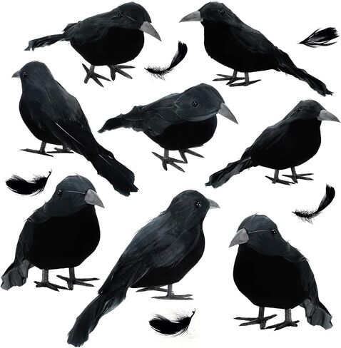 Jetec 8 Pieces Halloween Black Feathered Crows Realistic Halloween Decorations Handmade Stand Crows Black Birds with 20 Pieces 6 Inch Wire Tie for Halloween Party Outdoor Indoor Decor in Saudi Arabia