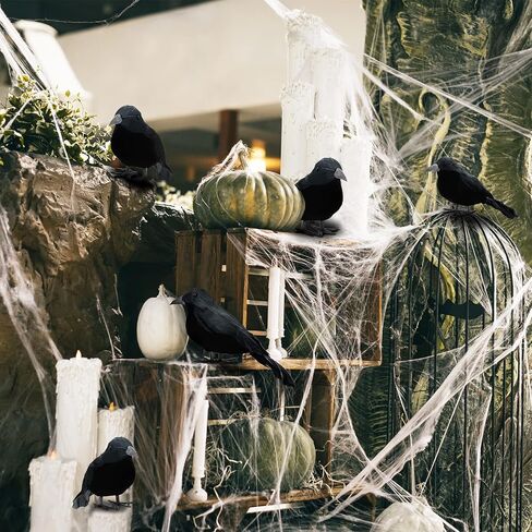 Jetec 8 Pieces Halloween Black Feathered Crows Realistic Halloween Decorations Handmade Stand Crows Black Birds with 20 Pieces 6 Inch Wire Tie for Halloween Party Outdoor Indoor Decor in Saudi Arabia