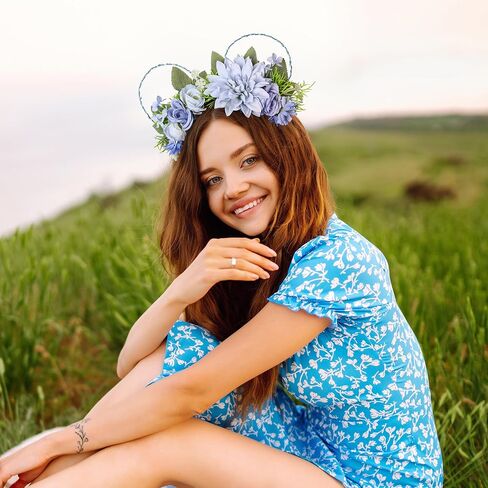 VISSTREE Handmade Mouse Ears Headband with Large Flower and LED Light Pink Floral Headwear for Theme Wedding Party and Park Hair Accessories in Kuwait