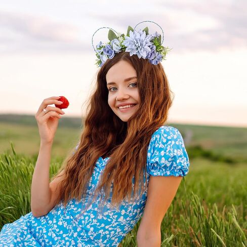 VISSTREE Handmade Mouse Ears Headband with Large Flower and LED Light Pink Floral Headwear for Theme Wedding Party and Park Hair Accessories in Kuwait