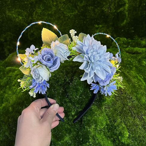 VISSTREE Handmade Mouse Ears Headband with Large Flower and LED Light Pink Floral Headwear for Theme Wedding Party and Park Hair Accessories in Kuwait