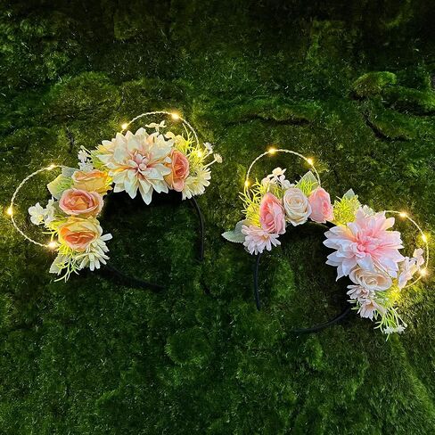 VISSTREE Handmade Mouse Ears Headband with Large Flower and LED Light Pink Floral Headwear for Theme Wedding Party and Park Hair Accessories in Kuwait