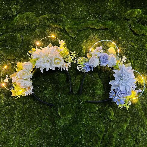 VISSTREE Handmade Mouse Ears Headband with Large Flower and LED Light Pink Floral Headwear for Theme Wedding Party and Park Hair Accessories in Kuwait