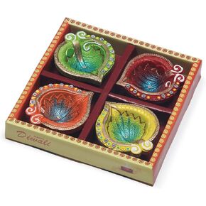 Handmade Terracoaat Set of 4 Premium Multicolor Leaf Design Clay Diya for Diwali Navratri Decorations Oil Lamp Diwali Clay Diya Tea Light Holder Home Decor Festival Gifts Puja Items