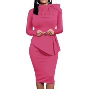 Women's Long Sleeve Peplum Bodycon Dresses Wear to Work Bow Party Club Church Ruffle Formal Cocktail Pencil Midi Dress