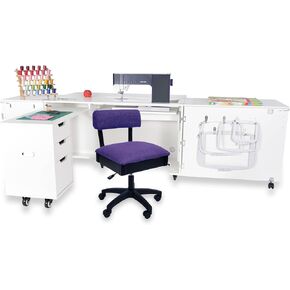 Arrow Sewing Kangaroo Sewing Furniture Outback Sewing Cabinet in Ash White Furniture Adjustable Height Hydraulic Sewing and Craft Chair in Black Cat Print Fabric
