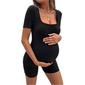 MakeMeChic Women's Maternity Romper Square Neck Short Sleeve Slim Fitted Bodycon Pregnancy Jumpsuit