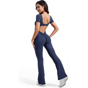 YEOREO Women Workout Flare Jumpsuit Scrunch Butt V Back Short Sleeve Jumpsuits