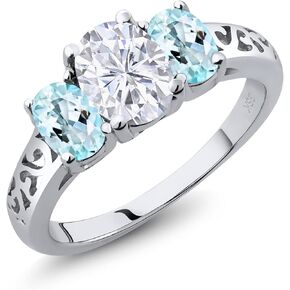 Gem Stone King 925 Sterling Silver White Moissanite and Sky Blue Topaz Filigree Style 3 Stone Ring for Women (2.50 Cttw, Oval 8X6MM and 6X4MM, Available in Size 5, 6, 7, 8, 9)