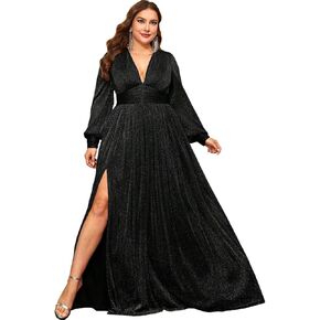 Women's Plus Size Long Sleeves Deep V-Neck Dresses with Slit A Line Formal Evening Gown