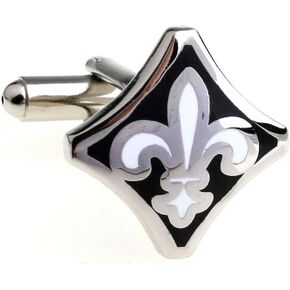 Fleur De Lis Black White Pair Cufflinks in a Presentation Gift Box & Polishing Cloth