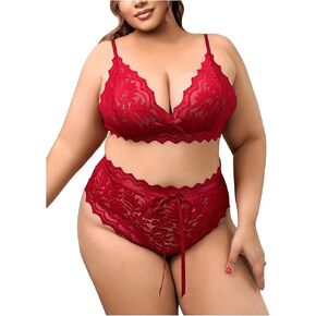 أطقم ملابس داخلية نسائية من MakeMeChic مقاس كبير من الدانتيل الزهري وحواف صدفية ورقبة على شكل V أطقم حمالة صدر ولباس داخلي in Saudi Arabia