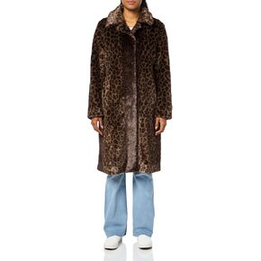 Donna Karan Women's Notch Collar Leopard Printed Faux Mink Coat