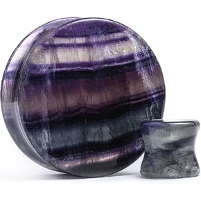 Pair 1-7/16" (36MM) RAINBOW FLUORITE STONE PLUGS Double Flare Gauges Organic Purple Tunnels (2pcs)